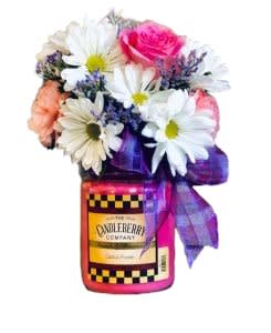 Candleberry Jar Candle with a Bouquet on Top Flower Bouquet