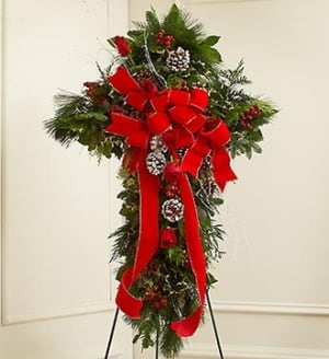 Sympathy Cross in Christmas Colors Flower Bouquet