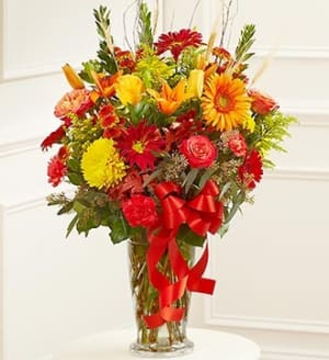 Large Sympathy Vase Arrangement in Fall Color Flower Bouquet