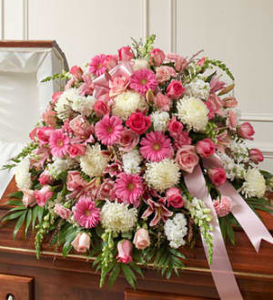 Cherished Memories Half Casket Cover - Pink and White Flower Bouquet