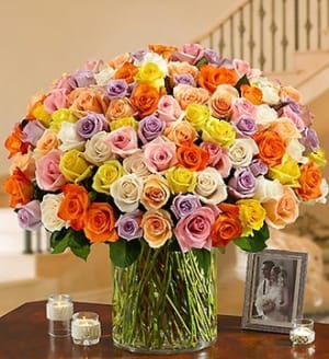 100 Premium Multicolored Roses in a Vase Flower Bouquet