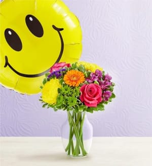 Fields of Europe® Celebration with Jumbo Smiley Balloon Flower Bouquet