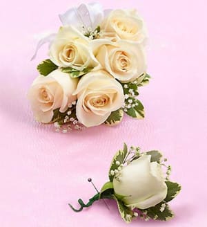 White Rose Corsage & Boutonniere Flower Bouquet