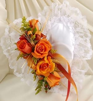 Satin Heart Casket Pillow in Fall Colors Flower Bouquet