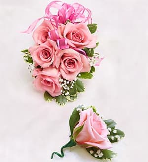 Pink Rose Corsage & Boutonniere Flower Bouquet