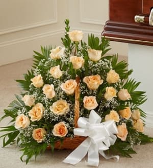 Peach, Orange, and White Rose Fireside Basket Flower Bouquet