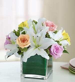 Modern Embrace™ Pastel Rose and Lily Cube Flower Bouquet