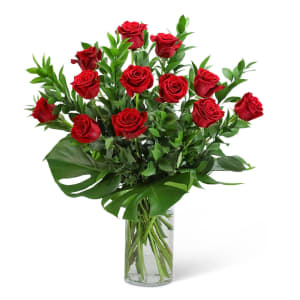 Red Roses with Modern Foliage (12) Flower Bouquet