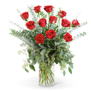 Red Roses with Eucalyptus Foliage (12) Flower Bouquet