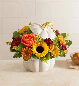 Autumn White Pumpkin Flower Arrangement Autumn White Pumpkin Flower Bouquet