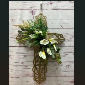 Galvanized Metal Cross with Silk (Artificial) Florals Flower Arrangement Galvanized Metal Cross with Silk (Artificial) Florals Flower Bouquet