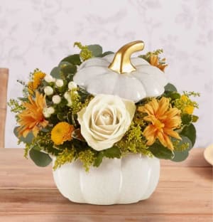Plentiful White Pumpkin Flower Arrangement Plentiful White Pumpkin Flower Bouquet