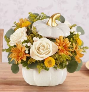 Plentiful White Pumpkin Flower Arrangement Plentiful White Pumpkin Flower Bouquet