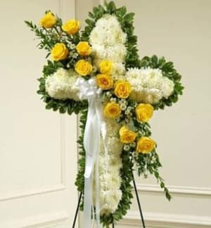 Peace & Love Standing Cross – White Flower Arrangement Peace & Love Standing Cross – White Flower Bouquet