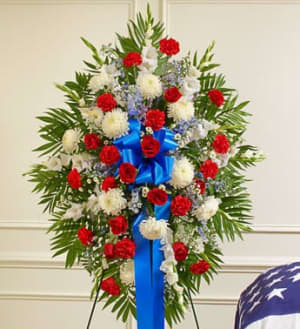 Profound Sympathies Standing Spray – Red, White & Blue Flower Bouquet