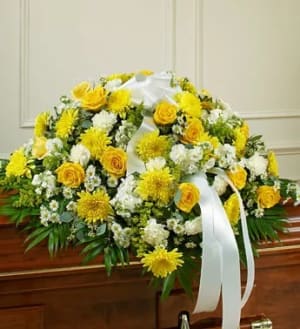 Treasured Memories Half Casket Cover – Yellow Flower Arrangement Treasured Memories Half Casket Cover – Yellow Flower Bouquet