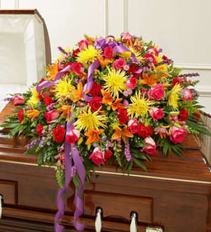 Treasured Memories Half Casket Cover – Bright Flower Arrangement Treasured Memories Half Casket Cover – Bright Flower Bouquet