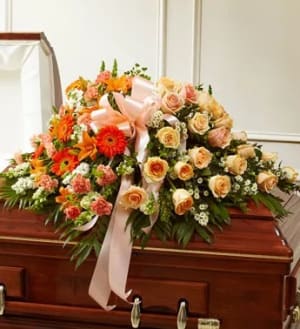 Treasured Memories Half Casket Cover – Peach & White Flower Arrangement Treasured Memories Half Casket Cover – Peach & White Flower Bouquet