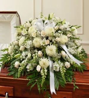 Treasured Memories Half Casket Cover – White Flower Arrangement Treasured Memories Half Casket Cover – White Flower Bouquet