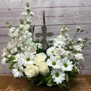 Bronze Metal Filigree Cross on Hanging Stand Flower Bouquet