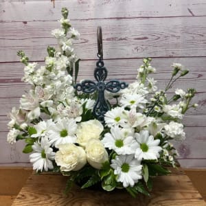 Blue Metal Filigree Cross on Hanging Stand Flower Arrangement Blue Metal Filigree Cross on Hanging Stand Flower Bouquet