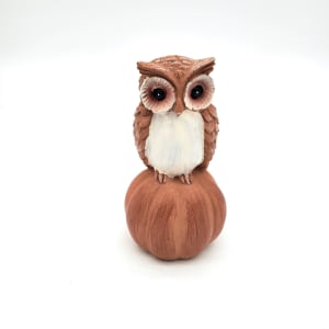 Little Owls Sitting on Autumn Flower Bouquet