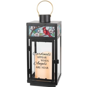 "Cardinals Appear" Stained Glass Top Memorial Lantern Flower Bouquet