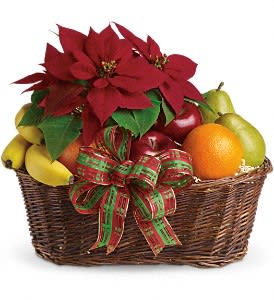 Poinsettia and Fruit Basket Flower Bouquet