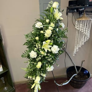 All White Crescent Spray Stand Flower Bouquet
