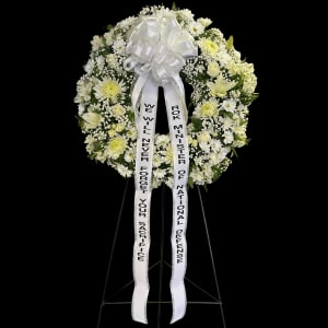 All White Wreath With Ribbon Flower Bouquet