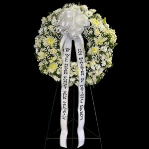 All White Wreath With Ribbon Flower Bouquet