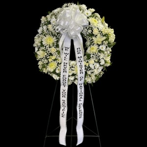 All White Wreath With Ribbon Flower Bouquet