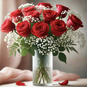 Red Rose and Baby's Breath Bliss Flower Bouquet