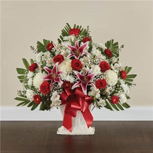Red Rose And Lily Floor Basket