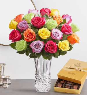 Two Dozen Assorted Roses with Luxury Posh™ Vase Flower Bouquet
