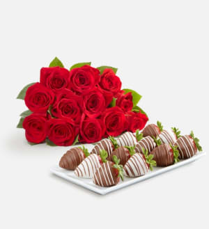 Deliciously Decadent™ Red Roses and Gourmet Drizzled Strawberries™ Flower Arrangement Deliciously Decadent™ Red Roses and Gourmet Drizzled Strawberries™ Flower Bouquet