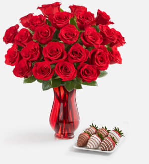 Deliciously Decadent™ Red Roses and Gourmet Drizzled Strawberries™ Flower Arrangement Deliciously Decadent™ Red Roses and Gourmet Drizzled Strawberries™ Flower Bouquet