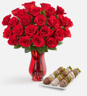 Deliciously Decadent™ Red Roses and Gourmet Drizzled Strawberries™ Flower Arrangement Deliciously Decadent™ Red Roses and Gourmet Drizzled Strawberries™ Flower Bouquet