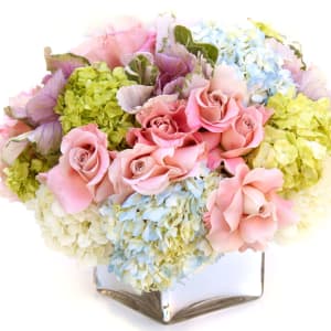Pink Roses, blue and green Hydrangeas, lavender Kale Flower Arrangement Pink Roses, blue and green Hydrangeas, lavender Kale Flower Bouquet