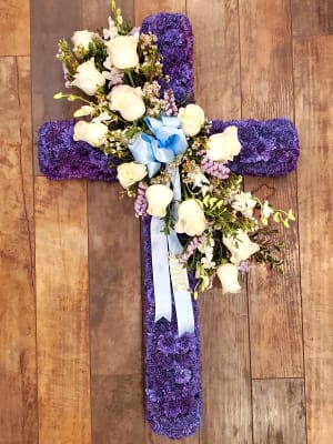 Blue White and Pinks Cross Flower Arrangement Blue White and Pinks Cross Flower Bouquet
