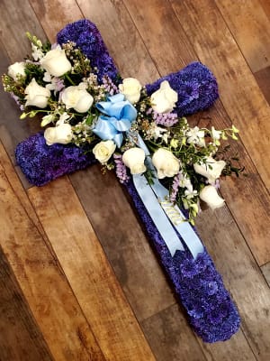 Blue White and Pinks Cross Flower Arrangement Blue White and Pinks Cross Flower Bouquet