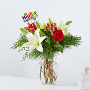Evergreen Delight Bouquet & Happy Birthday Topper Flower Bouquet