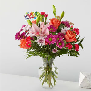 Light of My Life Bouquet & Happy Birthday Topper Flower Bouquet