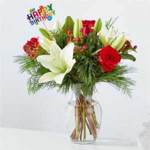 Evergreen Delight Bouquet & Happy Birthday Topper Flower Bouquet