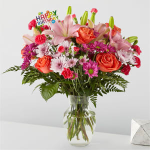 Light of My Life Bouquet & Happy Birthday Topper Flower Bouquet