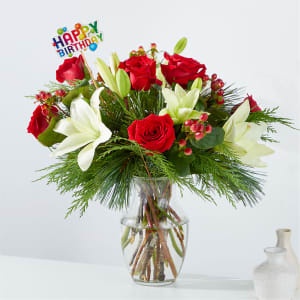 Evergreen Delight Bouquet & Happy Birthday Topper Flower Bouquet