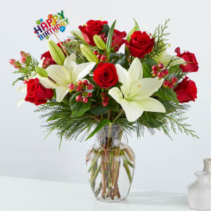 Evergreen Delight Bouquet & Happy Birthday Topper Flower Bouquet
