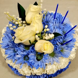 Birthday Cake in Blue and White with Lily-of-the-Valley Flower Bouquet