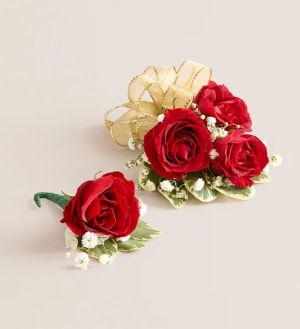 Red Spray Rose Corsage & Boutonniere Flower Bouquet
