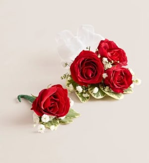 Red Spray Rose Corsage & Boutonniere Flower Bouquet